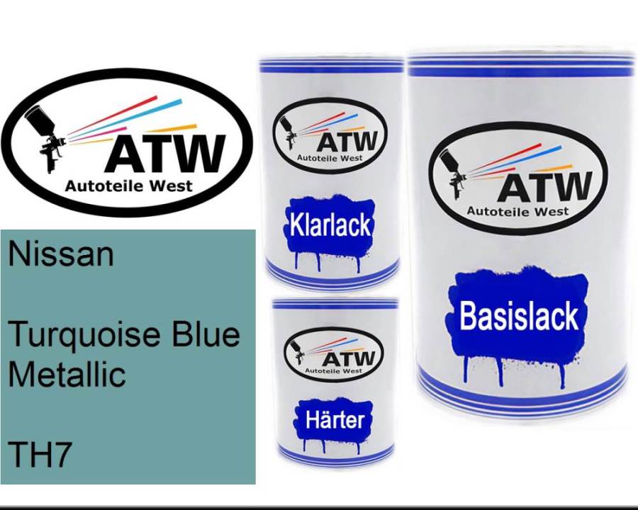 Nissan, Turquoise Blue Metallic, TH7: 500ml Lackdose + 500ml Klarlack + 250ml Härter - Set, von ATW Autoteile West.
